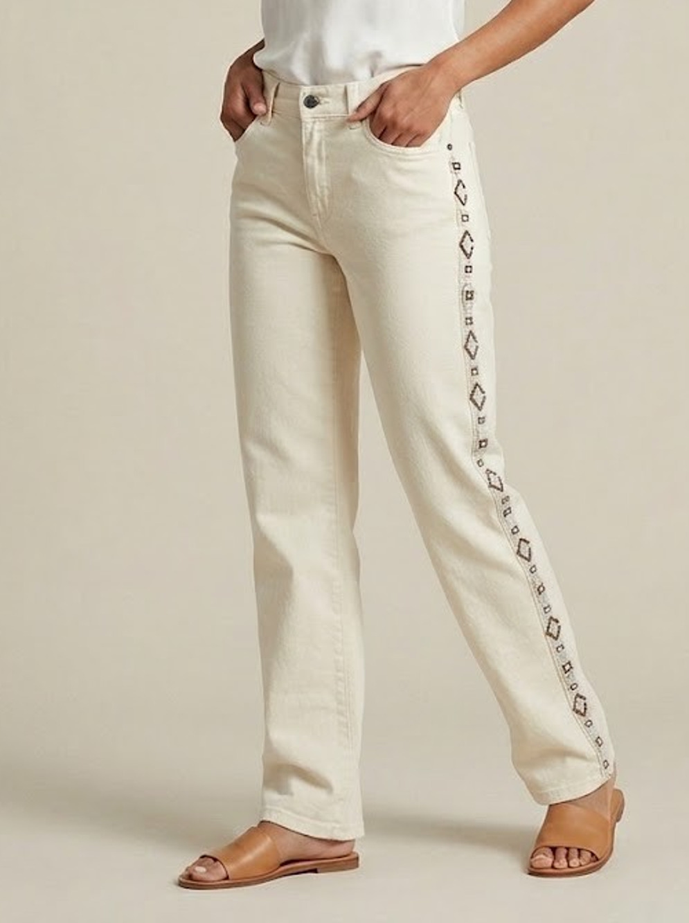 Vintage Lauren Jeans Co Ralph Lauren Beaded Jeans 8P Cream Y2K Straight Leg